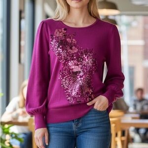 Chico’s Tonal Sequin Balloon Sleeves Pullover Purple Sweater Women’s Size Large